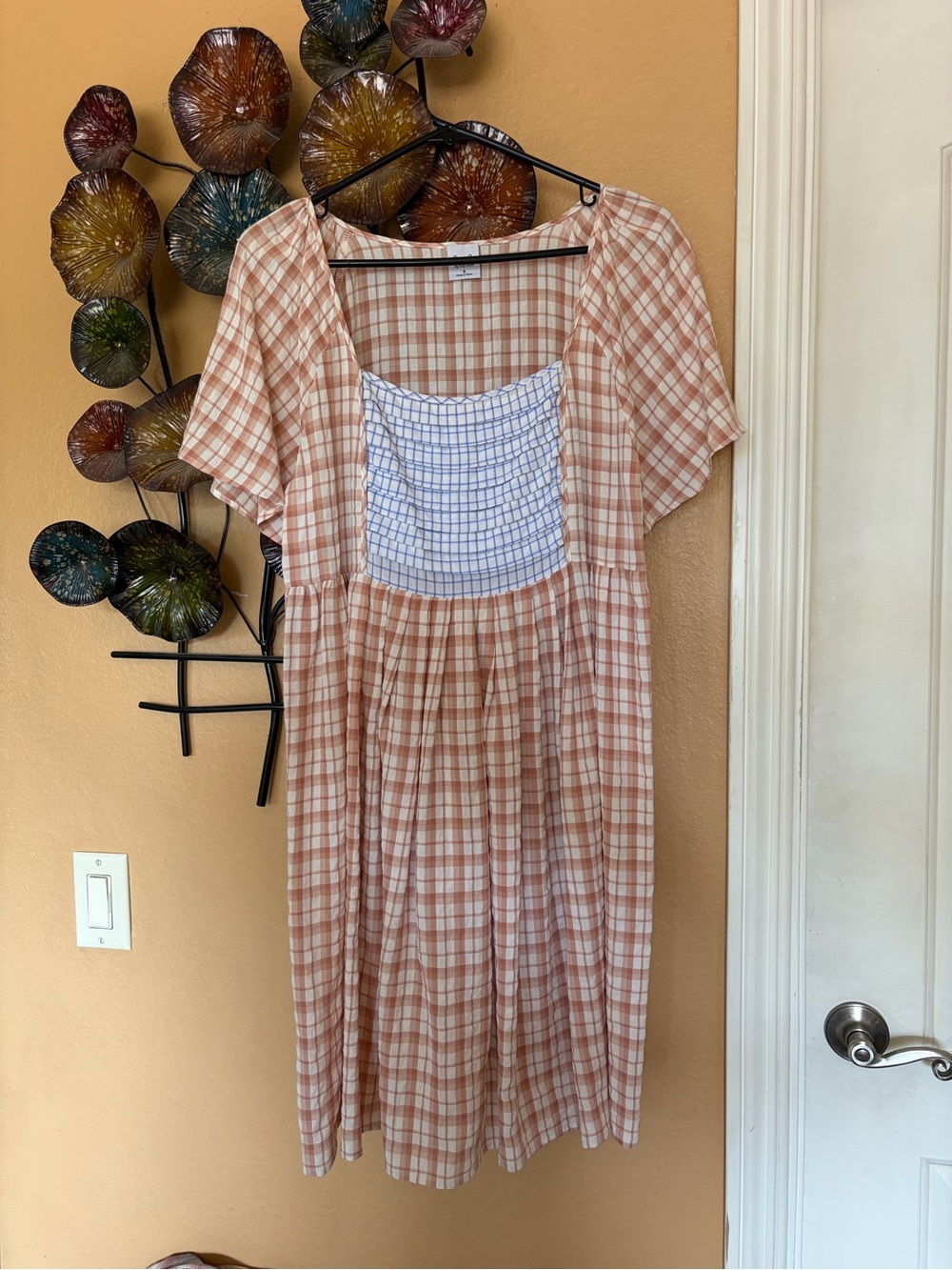 Cozy Casual Peach Plaid Midi Dress with Contrast Smocked Panel